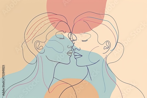 A minimalist line drawing of two women embracing in a loving kiss against a pastel background