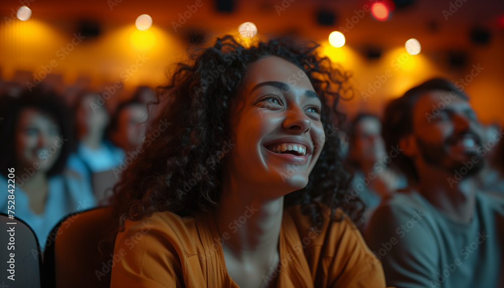 An Afro-American woman happily experiences watching a comedy film in the theater An Afro-American woman happily experiences watching a comedy film in the theater