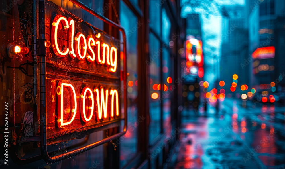 Illuminated Closing Down sign hanging in a storefront window at dusk, signaling the end of business operations, with city lights blurred in the background - obrazy, fototapety, plakaty 