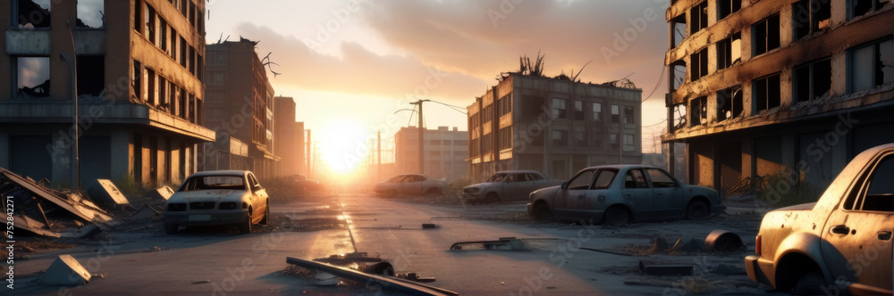 Sunset on a street of an abandoned city, post war, post apocalyptic, destroyed buildings, rusty cars. AI illustration. - obrazy, fototapety, plakaty 