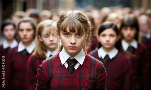 A young girl in a school uniform is standing in front of a crowd. Generative AI.