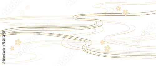 Gold line pattern texture with Japanese ocean wave pattern in vintage style. Abstract art landscape banner design with watercolor texture vector.  Cherry blossom flower elements