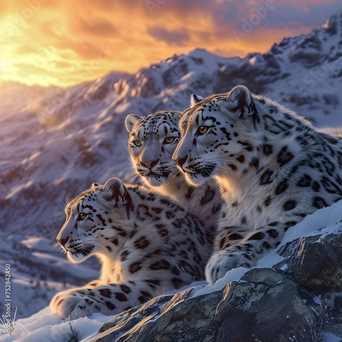 Snow leopard family in the mountain region with setting sun shining. Group of wild animals in nature.