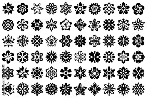 Vector floral set, collection of abstract geometric ornamental flower heads. Abstract geometric black symmetric floral decorations. Isolated on white background.