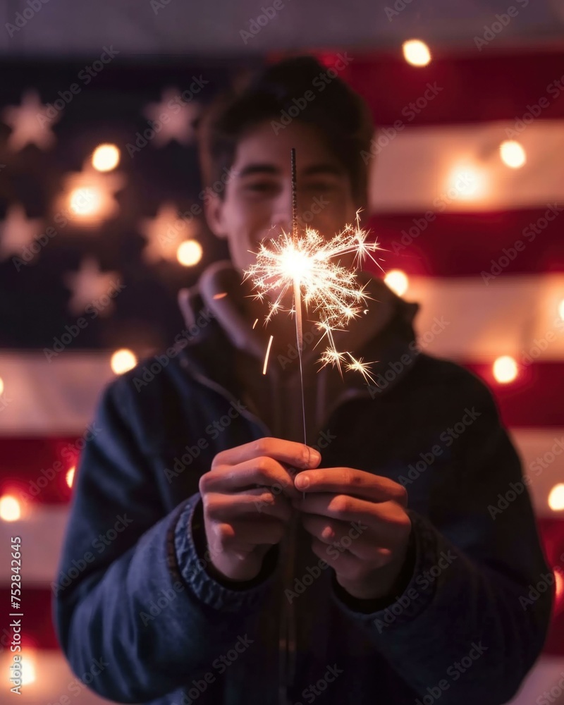 A young man holding a sparkler in front of an American flag. Generative AI. A young man holding a sparkler in front of an American flag. Generative AI.