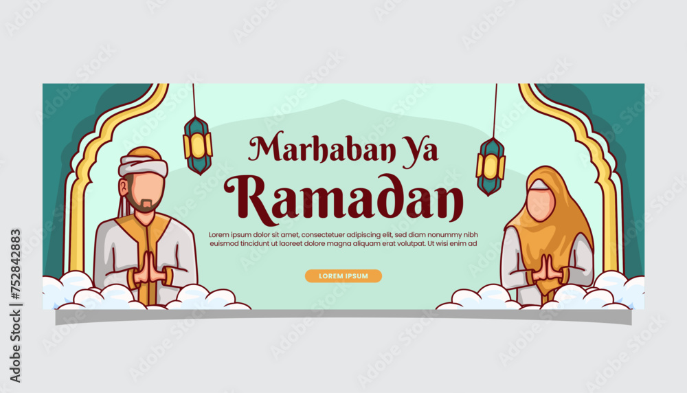 Fototapeta premium Ramadan Kareem islamic illustration greetings on banner cover page template with moslem cartoon