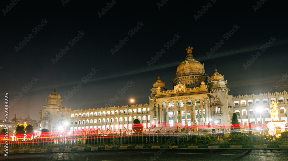 Night view of Vidhana Soudha, a building in Bangalore, India which serves as the seat of the state legislature of Karnataka, India. 