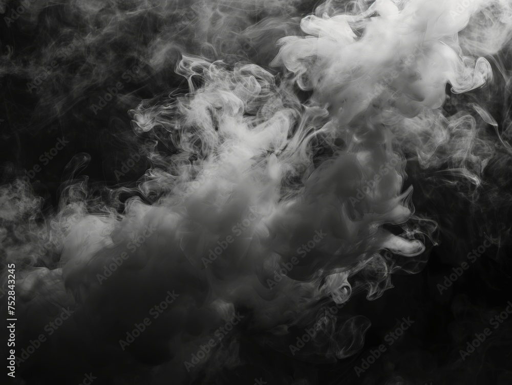 Abstract swirls of white smoke float against a dark, opaque backdrop, invoking mystery and fluidity