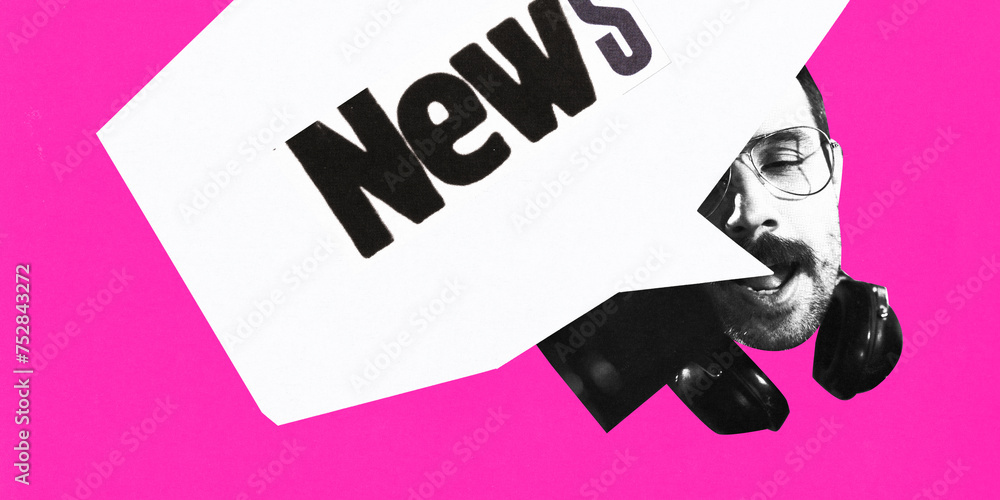 Poster. Contemporary art collage. Man, broadcaster, speaker with speech bubble with text News against magenta color background. Concept of art, information, social media, culture, surrealism.