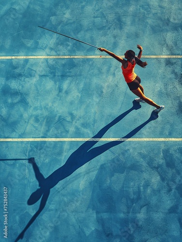 A woman competing in javelin throw on a sunny blue track. photo