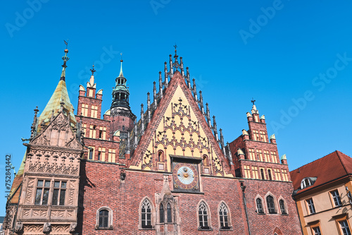 Market Square Old Town Cityscape of Wroclaw, Poland in Sunshine, Blue Skies Sky in Spring - Gothic Architecture