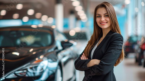Car saleswoman in a car showroom