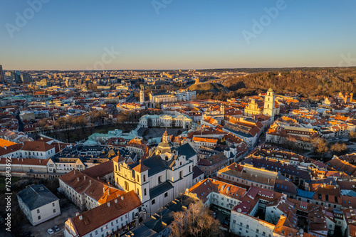 Aerial sunny spring view of Vilnius old town, Lithuania