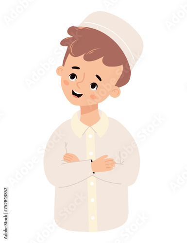 Cute islamic boy child. Happy muslim ethnic character. Vector illustration in cartoon flat style.