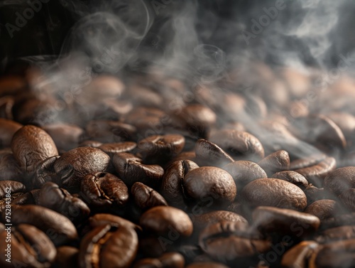 Aromatic coffee beans emitting steam, showcasing freshness and the roasting process