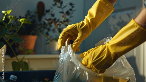 A man with yellow rubber gloves disposing of household trash into a compact garbage bag.