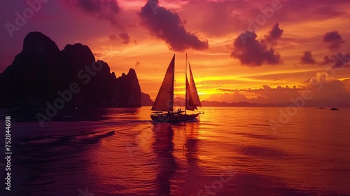 Boat cruising at dusk on Thai bay.