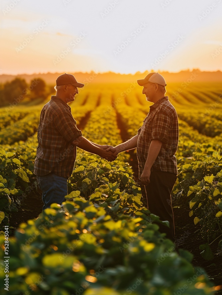 Fototapeta premium Two cultivators in soybean field making deal with handgrip.