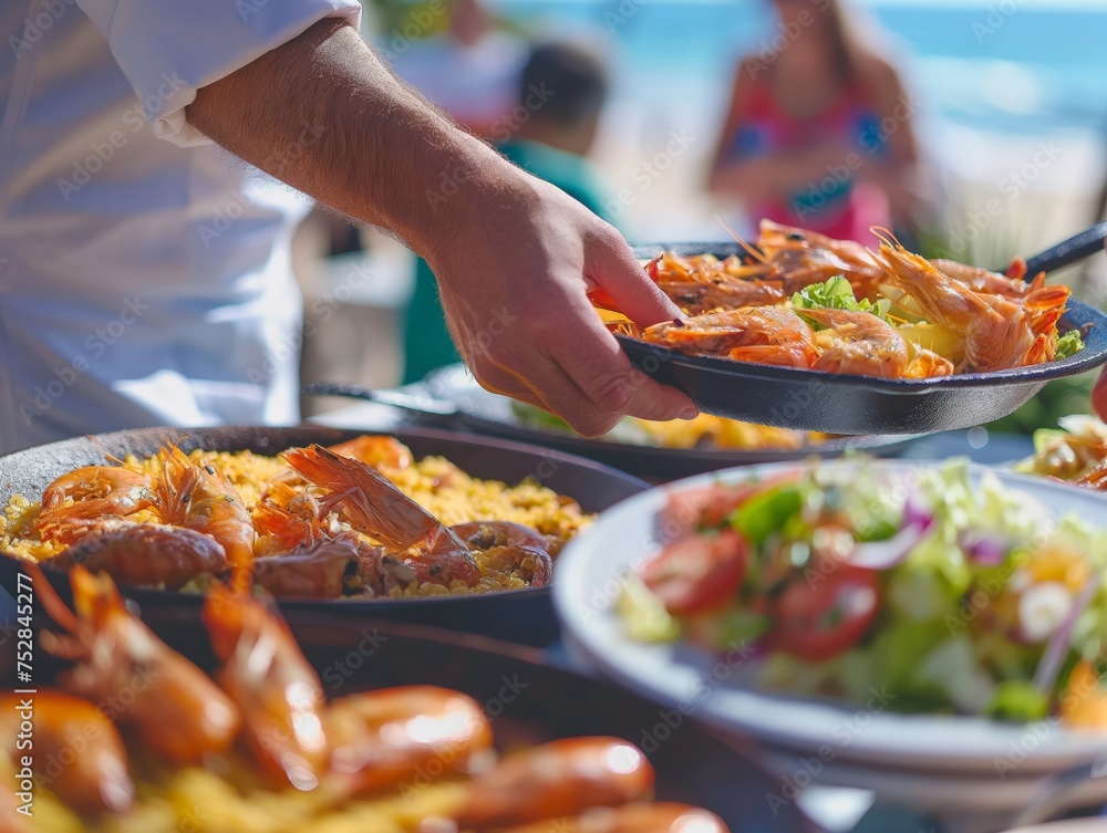 Chef serving a variety of gourmet dishes, with focus on a colorful seafood paella