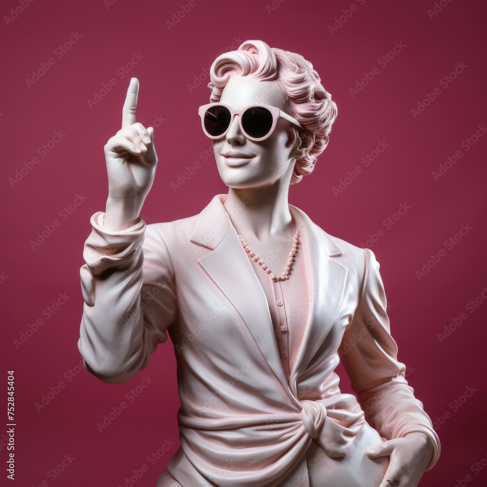 Happy smiling Greek white plaster woman statue, wearing business dress and pink sunglasses, thumb up Happy smiling Greek white plaster woman statue, wearing business dress and pink sunglasses, thumb up