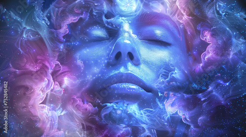 Serene womans face merges with a vibrant nebula, her expression tranquil as if in deep meditation or slumber against the backdrop of the cosmos