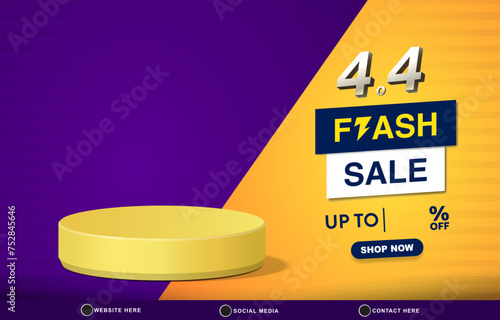 4.4 flash sale discount template banner with blank space 3d podium for product sale with abstract gradient blue and orange background design