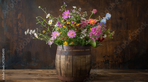 Wooden barrel overflowing with colorful flowers © zainab