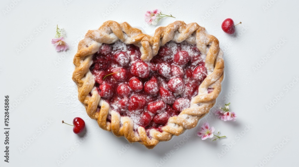 A heart shaped pie with cherries and flowers on top. Generative AI. A heart shaped pie with cherries and flowers on top. Generative AI.