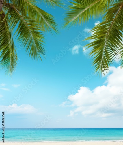 A beach with palm trees and a blue sky. Generative AI.