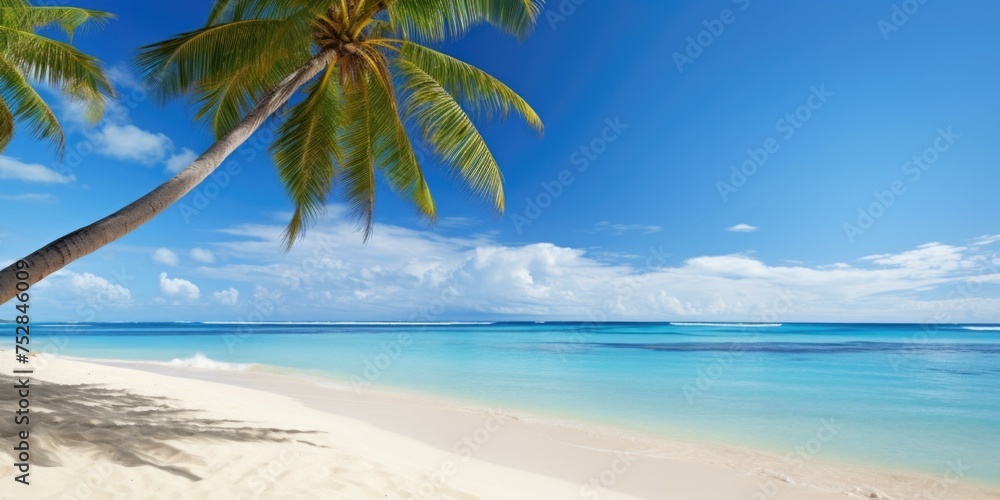 A beach with a palm tree and a blue ocean. Generative AI.