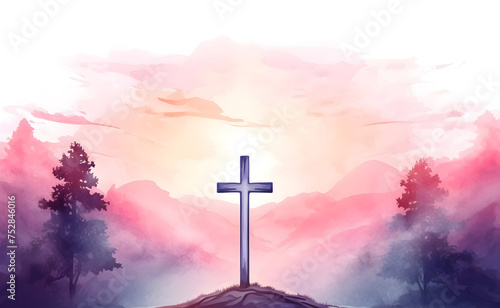 Watercolor cross on hill of Calvary against pastel sky scene background for Christian religious Easter concept