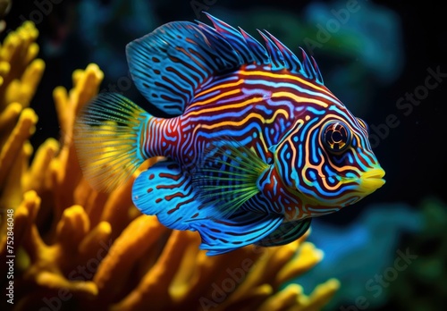 A colorful fish swimming in an aquarium with coral and other fish. Generative AI.