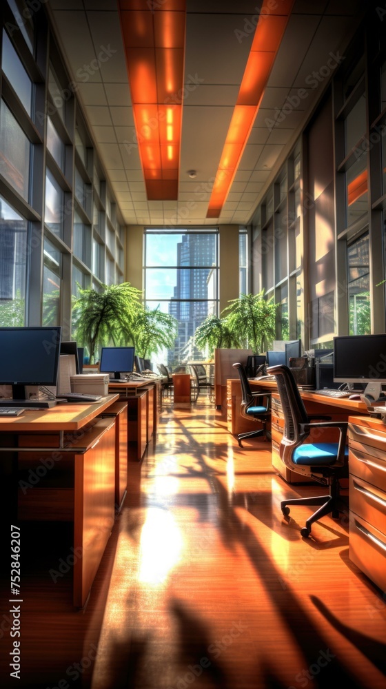 A large open office with lots of computers and plants. Generative AI.