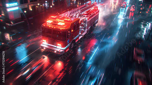 Firetruck speeding through city streets at night. Emergency response and urban services concept, fire truck speeding through city streets with flashing lights and sirens, depicting the urgency © Ekaterina