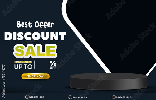 best offer discount sale template banner with blank space 3d podium for product sale with abstract gradient blue and black background design