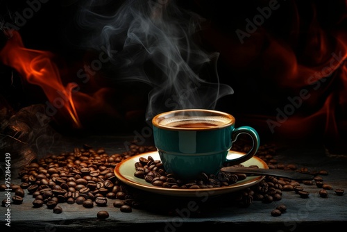 Hot cup of coffee with smoke and coffee beans. Generated with AI © Xavier Allard