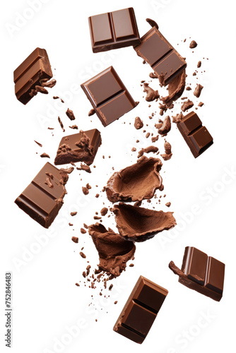 Levitating milk chocolate chunks isolated on white background. Flying Chocolate pieces, shavings and cocoa crumbs Top view. Flat lay photo