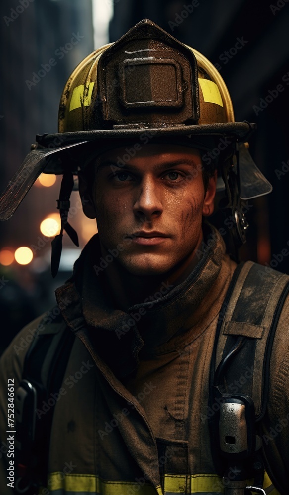 A man in a fireman's uniform with a helmet on. Generative AI. A man in a fireman's uniform with a helmet on. Generative AI.