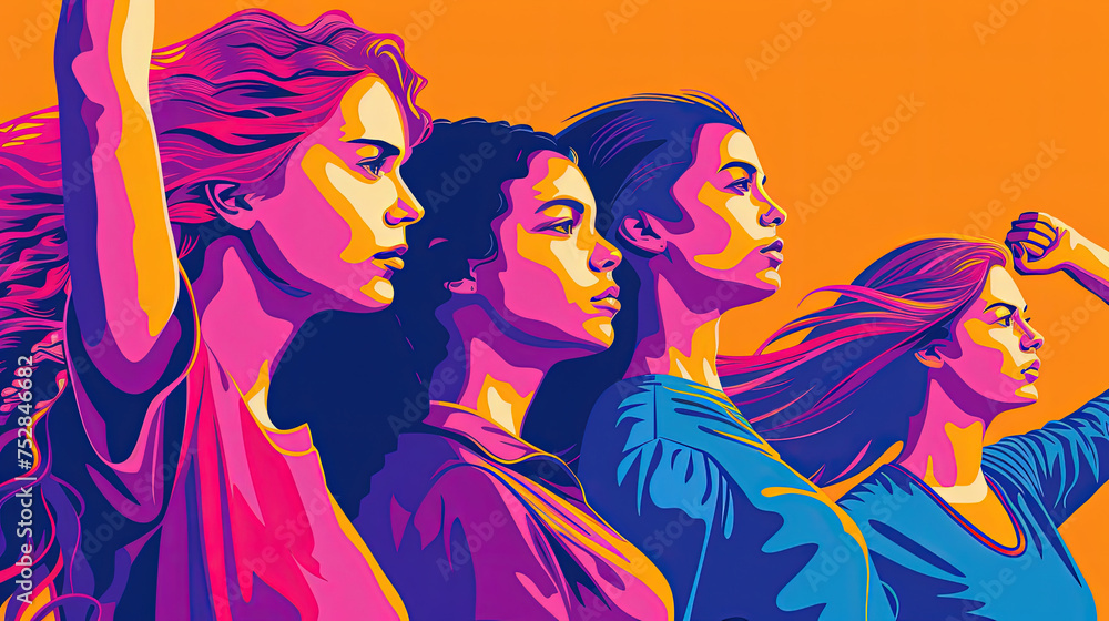 A vibrant illustration showcasing a row of determined women with their fists raised in a gesture of empowerment and unity A vibrant illustration showcasing a row of determined women with their fists raised in a gesture of empowerment and unity