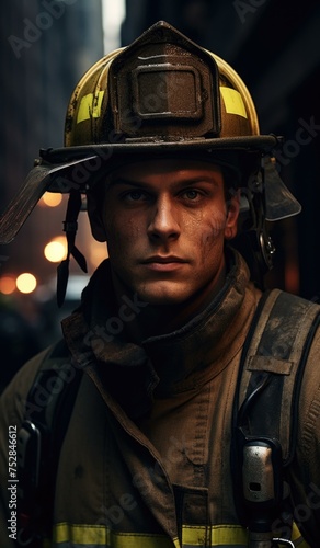 A man in a fireman's uniform with a helmet on. Generative AI. © serg3d