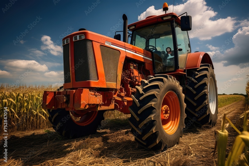 A big tractor in corn field, tractor agricultural machine working in the field, harvest, large agricultural machines work in the field, Ai generated A big tractor in corn field, tractor agricultural machine working in the field, harvest, large agricultural machines work in the field, Ai generated
