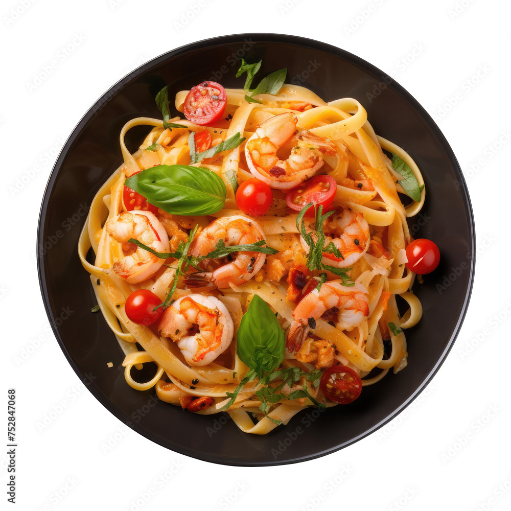 Classic pad thai with shrimp, fresh vegetables and wheat pasta with a plate on a white background, copy space. Top view. PNG, cutout, or clipping path.	