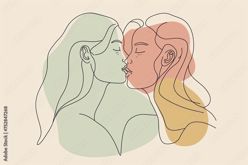 A minimalist line drawing of two women embracing in a loving kiss against a pastel background A minimalist line drawing of two women embracing in a loving kiss against a pastel background