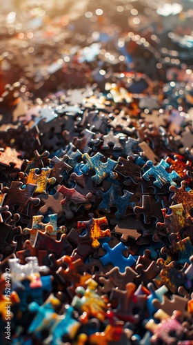 Puzzle pieces in a pile. Low-angle shot.