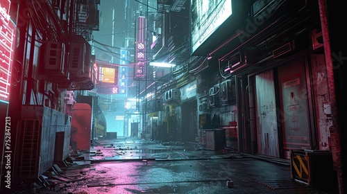 Street in cyberpunk style. Anti design, neon, metropolis, hackers, artificial intelligence, rain, night, graffiti, cybernetic implants, dystopia. Generated by AI © Anastasia