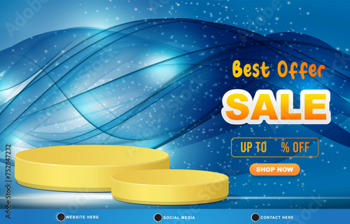 best offer sale discount template banner with blank space 3d podium for product sale with abstract gradient blue and yellow background design
