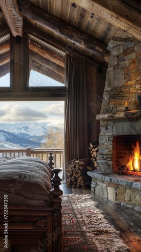 A cozy mountain cabin interior featuring a welcoming fireplace, lavish fur bedding, and expansive windows offering a breathtaking autumn mountain vista