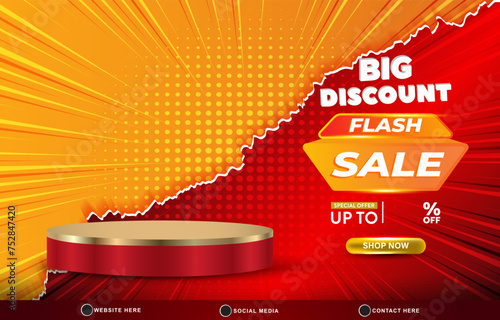 big discount flash sale template banner with blank space 3d podium for product sale with abstract gradient orange and red background design