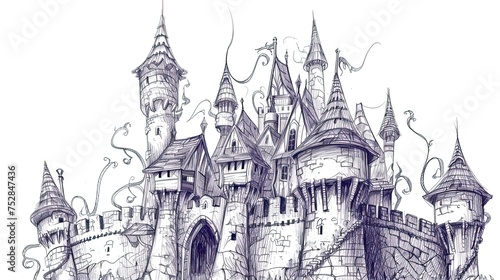 Drawn castle. Abstract, fantasy, aqueduct, fairy tale, doodle, princess, fortress, knight, palace, tower, middle ages, king, prince, kingdom. Generated by AI © Anastasia