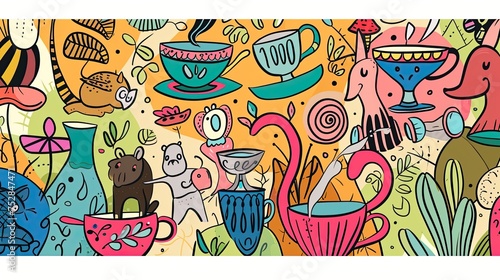 Animals in cups. Abstract, doodle, glade, tea party, monsters, cuteness, pets, cats, puppies, rodents, big-eared, toys, hamsters, rabbits. Generated by AI
